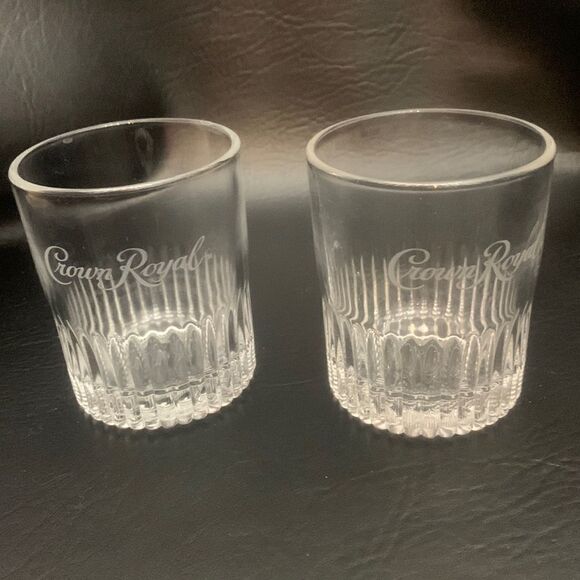 Crown Royal 10 Ounce Clear Glass White Logo Etched Stamped Bottom Sold Set Of 2 - Picture 1 of 7
